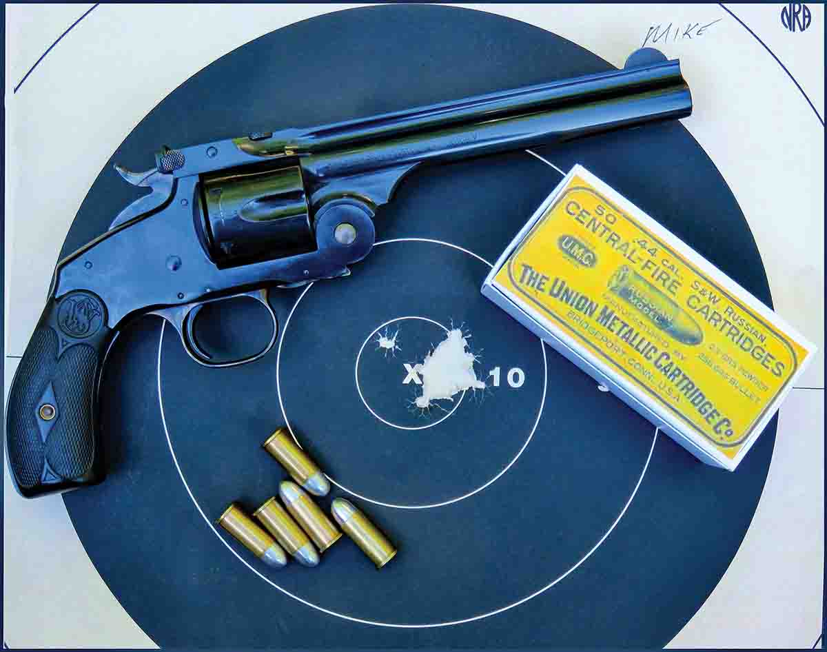 Here’s Mike’s best target with the .44 Russian. Shot in competition, 10 shots with two-handhold at 30 feet.